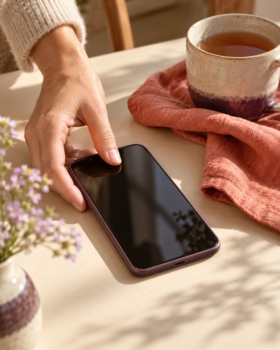 Eine Hand legt ein Smartphone mit ausgeschaltetem Bildschirm neben eine Teetasse und eine korallfarbene Stoffserviette.