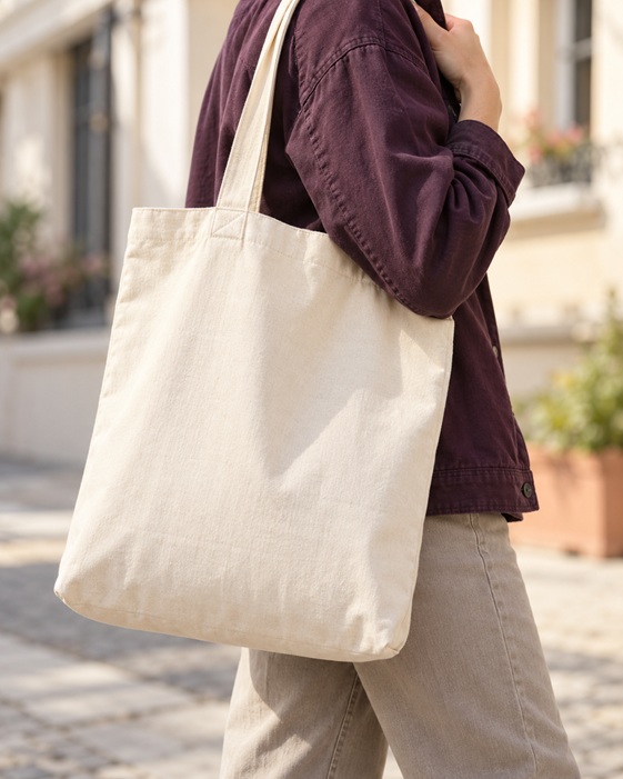 Eine Person in auberginefarbener Jacke trägt eine unbedruckte cremefarbene Stofftasche über der Schulter; das Gesicht ist nicht sichtbar.