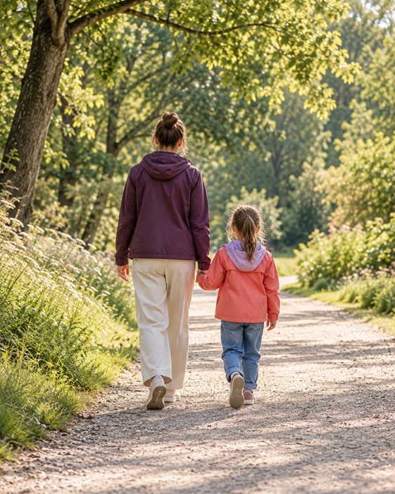 Eine erwachsene Person und ein Kind gehen Hand in Hand auf einem grünen Parkweg, ausschließlich von hinten zu sehen.
