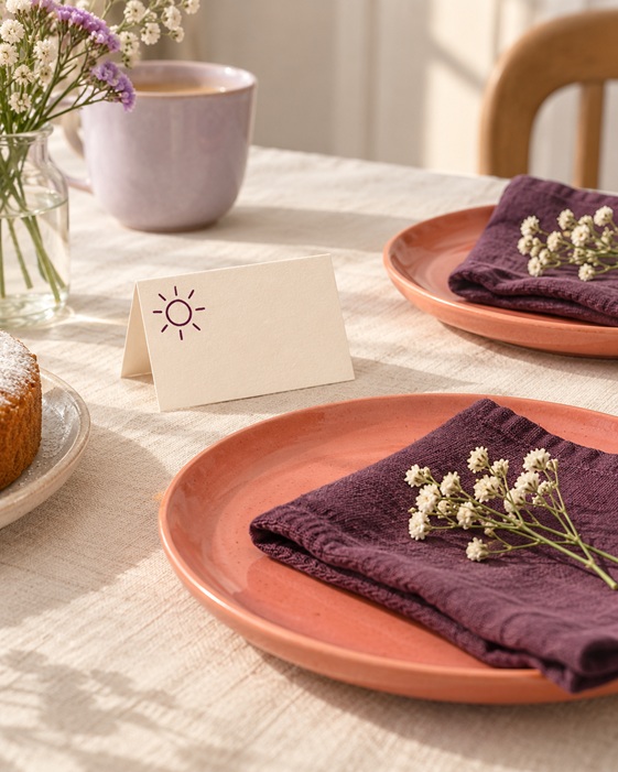 Korallfarbene Kuchenteller mit auberginefarbenen Stoffservietten und einer unbeschrifteten Tischkarte mit handgezeichneter Sonne.