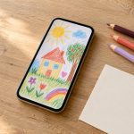 Unsere Geschichte – aber nicht jedes Detail Smartphone mit einer Kinderzeichnung auf dem Bildschirm, daneben Buntstifte und eine unbeschriftete cremefarbene Karte auf einem Holztisch.