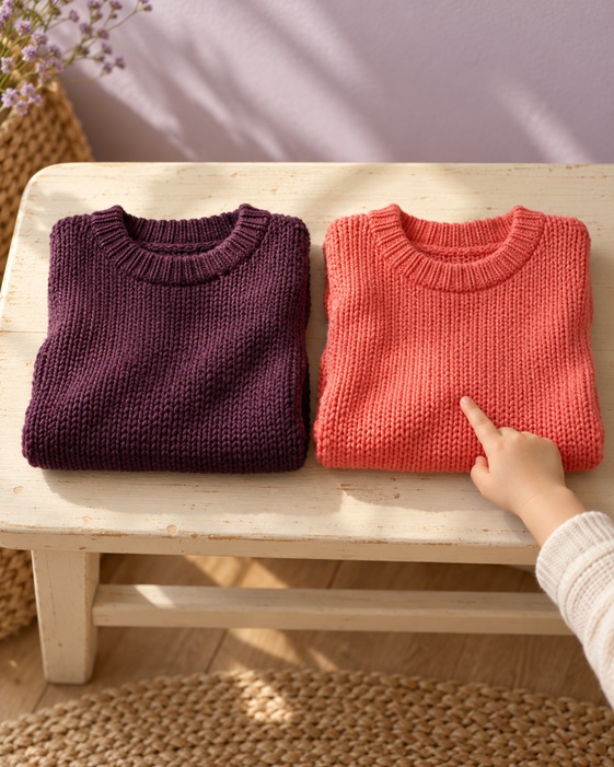 Zwei Pullover in Aubergine und Koralle liegen nebeneinander auf einer cremefarbenen Bank; eine Kinderhand zeigt auf den korallfarbenen Pullover.