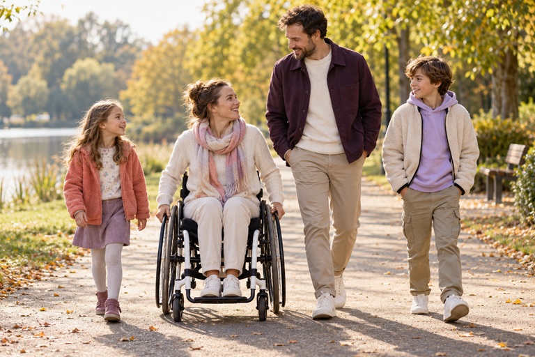 Familie mit zwei unterschiedlich alten Kindern und einer erwachsenen Rollstuhlnutzerin bei einem gemeinsamen Spaziergang auf einem breiten Parkweg.